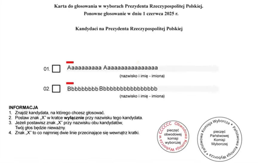 Karta do głosowania w II turze wyborów prezydenckich. | Źródło: YouTube Państwowa Komisja Wyborcza Karta do głosowania w wyborach na Prezydenta RP z dwiema pozycjami kandydatów oznaczonymi polami do zaznaczenia, instrukcje głosowania oraz pieczęcie urzędowe.