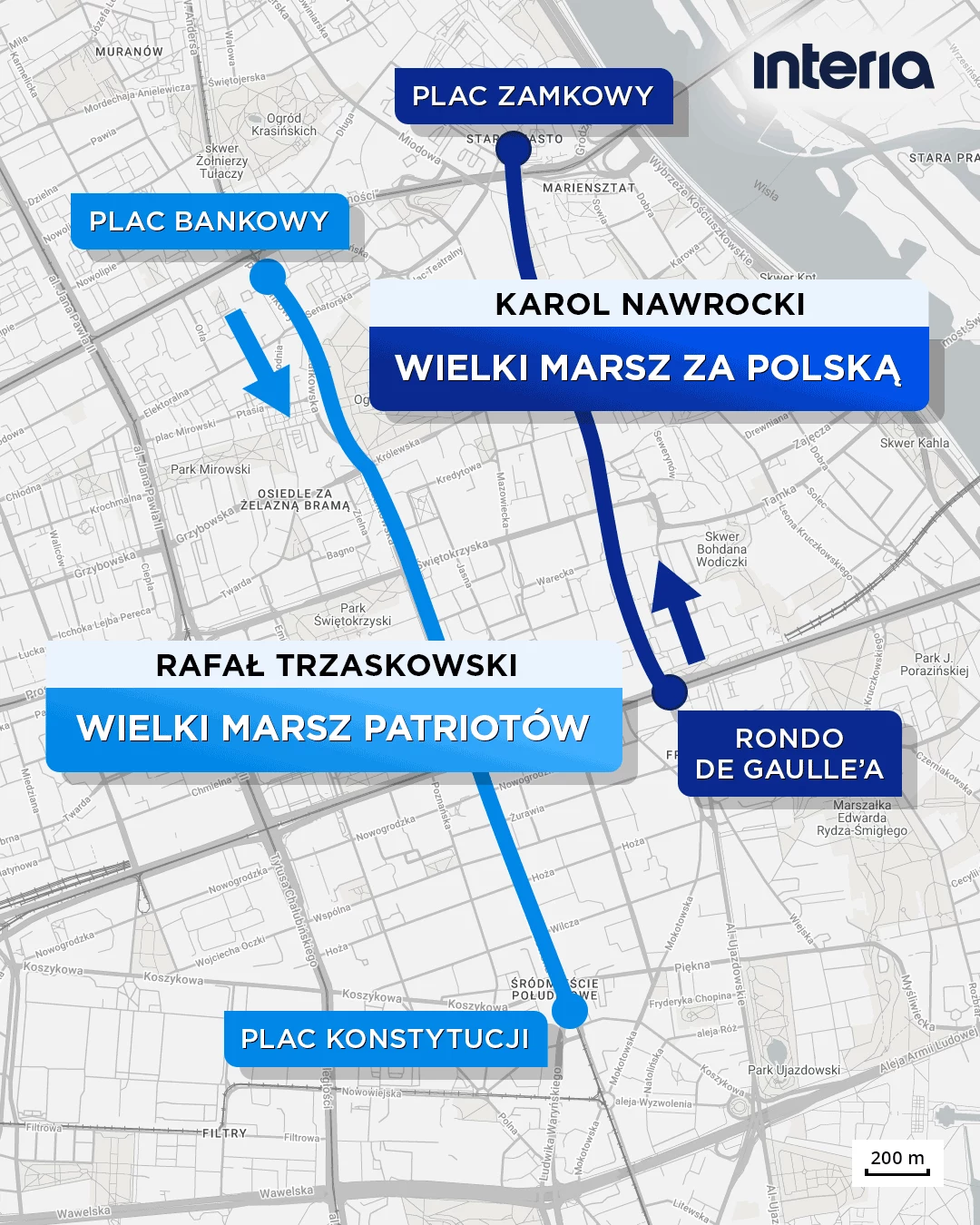 Oba marsze rozpoczną się w niedzielę o godz. 12 Mapa centrum Warszawy z zaznaczonymi trasami dwóch marszów: Wielkiego Marszu Patriotów prowadzonego przez Rafała Trzaskowskiego, który zaczyna się na Placu Bankowym i kończy na Placu Konstytucji oraz Wielkiego Marszu za Polskę prowadzonego przez Karola...