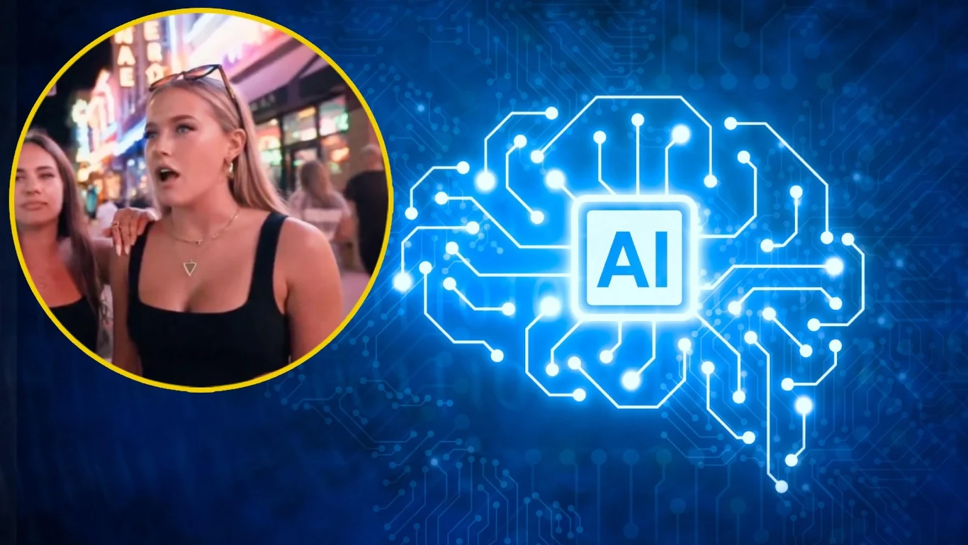 Deepfake wchodzi na wyższy poziom realizmu dzięki Google Veo 3. To czysty obłęd Po lewej stronie widoczna kobieta ze zdziwioną miną na tle oświetlonej ulicy miasta nocą, po prawej stronie graficzna ilustracja schematu sztucznej inteligencji z napisem AI na tle niebieskich obwodów elektronicznych.