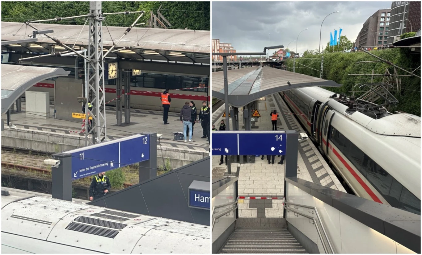 Na dworcu głównym w Hamburgu doszło w piątek do ataku Dworzec kolejowy z peronami, na których znajdują się ludzie oraz pociągi typu ICE, pracownicy kolei w kamizelkach odblaskowych nadzorują teren, widoczne tablice informacyjne z numerami peronów.