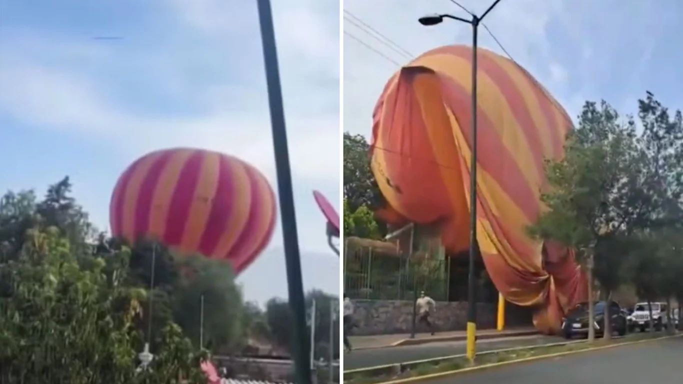 Katastrofa balonu Duży balon na gorące powietrze w czerwono-pomarańczowe pasy widoczny podczas opadania lub awaryjnego lądowania obok drzew i zabudowań przy drodze. Druga część zdjęcia ukazuje balon już opadnięty, leżący na ogrodzeniu i częściowo na jezdni. W pobliżu ki...