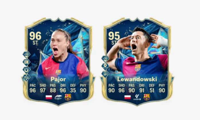 Pajor i Lewandowski Dwie cyfrowe karty piłkarskie przedstawiające zawodniczkę Pajor i zawodnika Lewandowskiego w koszulkach FC Barcelony, wraz z ocenami umiejętności i szczegółami statystyk postaci.