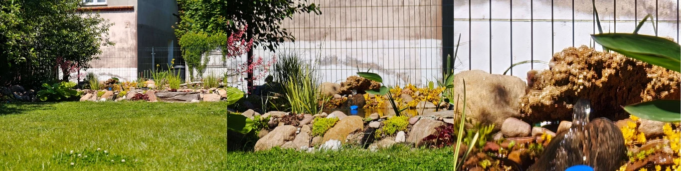 Zoom Xiaomi 15 Ultra w akcji - optyczny 4.3x (po lewej), cyfrowy 15x (w środku) i cyfrowy 60x (po prawej). Ogród z niewielkim oczkiem wodnym, naturalnymi kamieniami i roślinnością, na tle ogrodzenia i budynku mieszkalnego, dominują zielone trawniki i strefy nasadzeń.