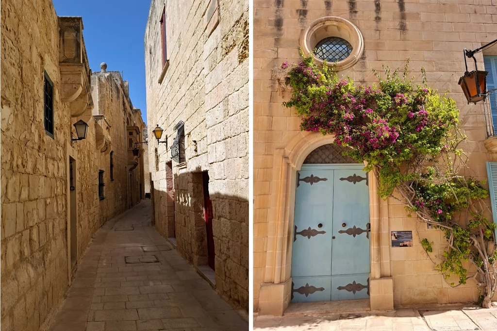 Mdina. Niebieskie drzwi upodobali sobie instagramerzy Wąska, kamienna uliczka ze stylowymi latarniami oraz charakterystyczna jasna elewacja budynku z niebieskimi drzwiami i kwitnącym pnączem nad wejściem.