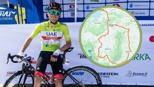 Rafał Majka, a w ramce planowany przebieg trasy MP w kolarstwie