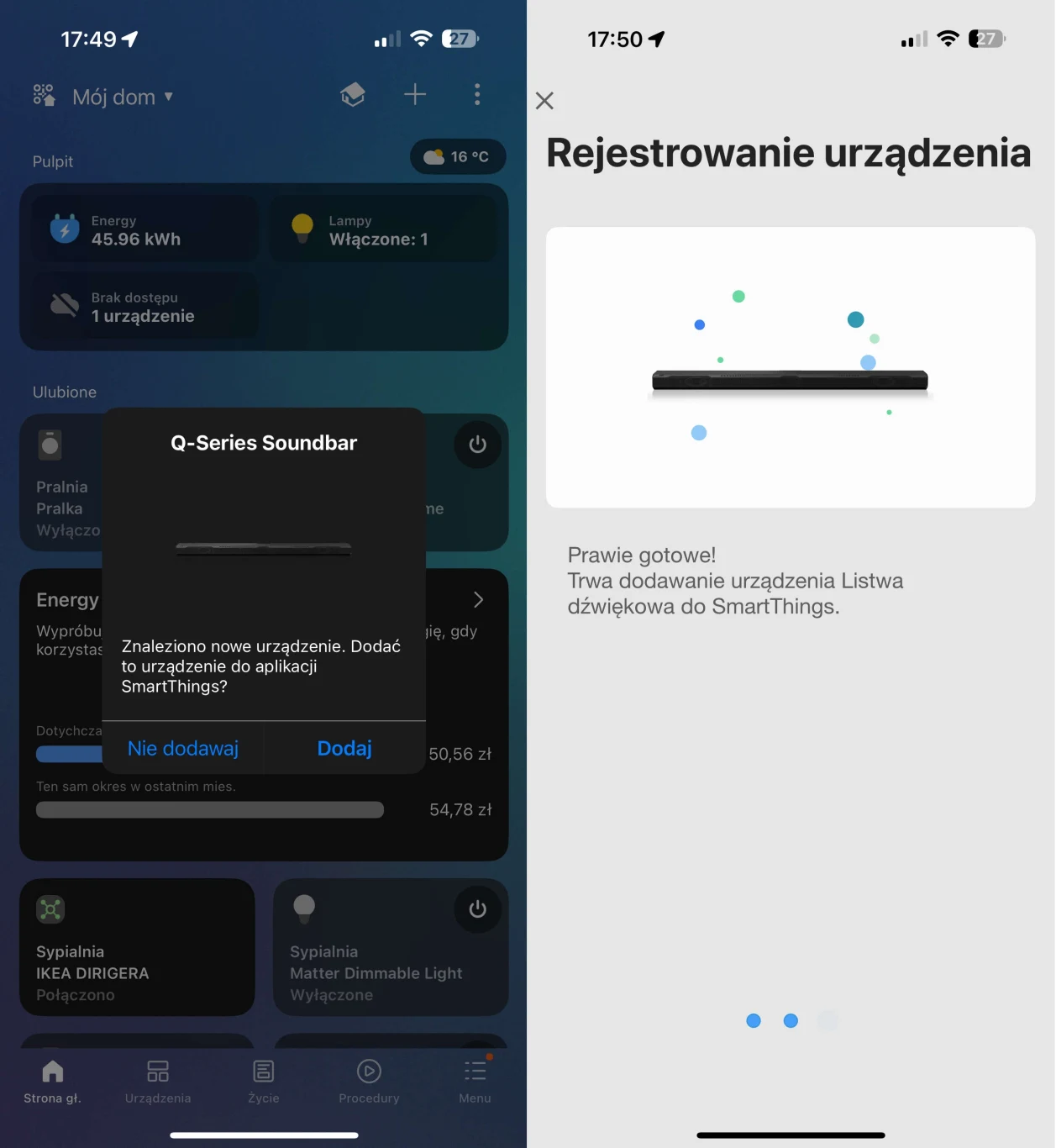 Dzięki SmartThings nie tylko szybko dodamy nowy soundbar, ale też uzyskamy dostęp do wielu jego funkcji. Interfejs aplikacji SmartThings pokazujący proces wykrywania i rejestrowania soundbara Q-Series, z wyświetlonym powiadomieniem o nowym urządzeniu oraz ekranem rejestracji z ilustracją listwy dźwiękowej.