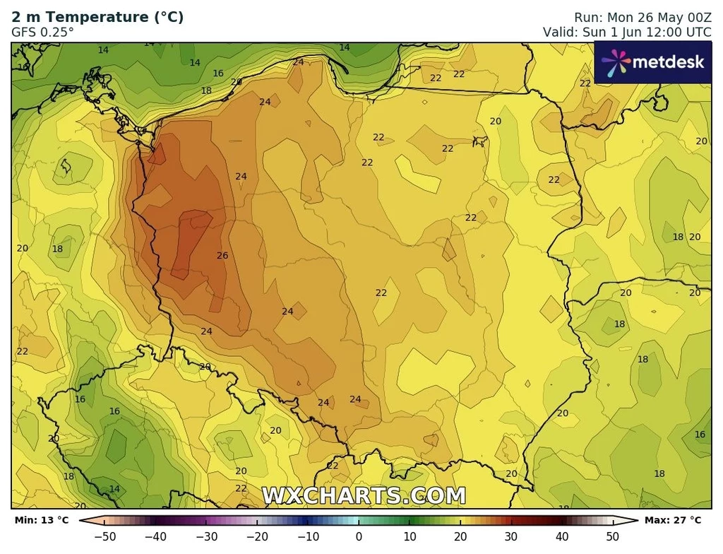 W niedzielę na zachodzie możemy się spodziewać prawdziwej "bomby ciepła": temperatury wzrosną tam do 26 stopni Celsjusza Mapa ilustruje prognozowane temperatury na terenie Polski na poziomie 2 metrów nad ziemią w dniu 1 czerwca, z wyraźnymi strefami najcieplejszymi w zachodniej części kraju sięgającymi do 26°C i strefami chłodniejszymi na wschodzie.