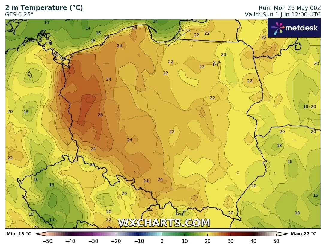 Mapa ilustruje prognozowane temperatury na terenie Polski na poziomie 2 metrów nad ziemią w dniu 1 czerwca, z wyraźnymi strefami najcieplejszymi w zachodniej części kraju sięgającymi do 26°C i strefami chłodniejszymi na wschodzie.