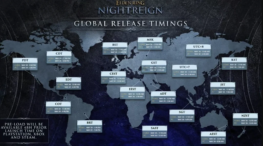 Mapa świata z zaznaczonymi strefami czasowymi oraz datami i godzinami premiery gry Elden Ring Nightreign na różnych kontynentach, centralnie umieszczone logo gry i nagłówek informujący o globalnych godzinach premiery.