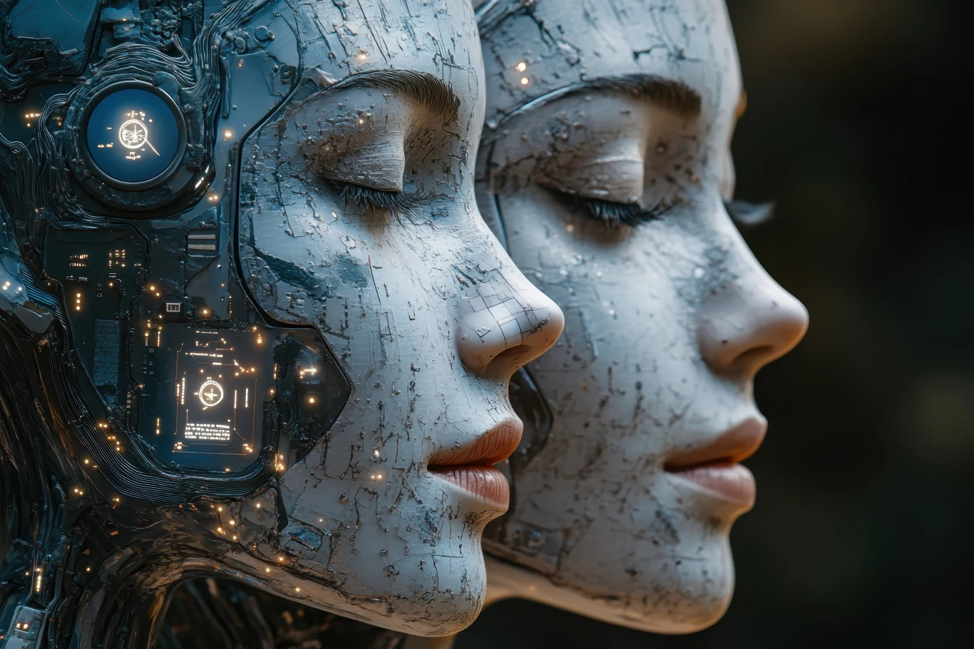 Cyfrowy bliźniak to komputerowa kopia naśladująca działanie organizmu lub środowiska. Polacy budują infrastrukturę AI, która umożliwi ich badanie Dwie kobiece twarze o zamkniętych oczach, stylizowane jako androidy z widocznymi elektronicznymi elementami na metalicznej, sztucznej skórze i świecącymi diodami, w klimacie futurystycznej technologii.