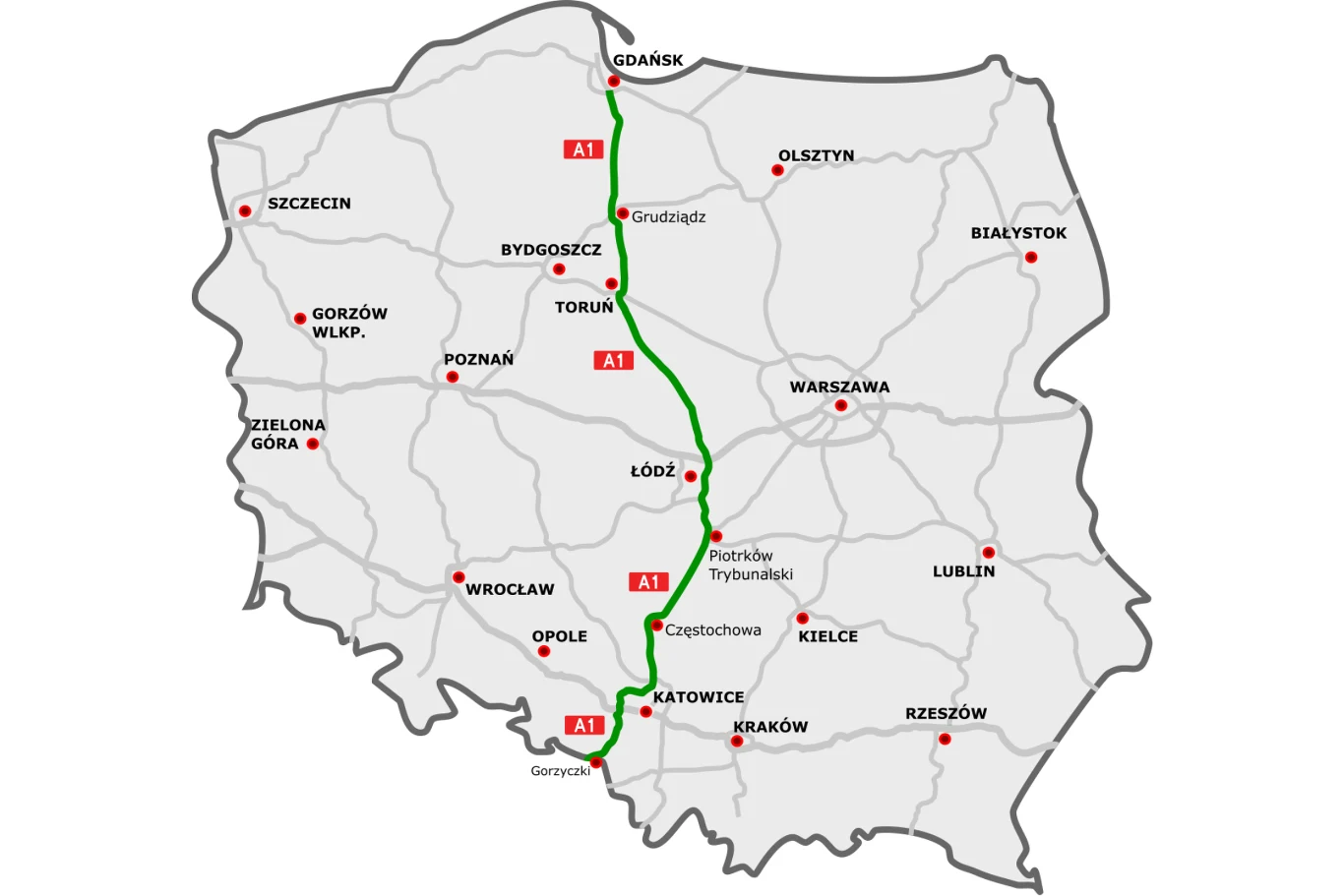 Mapa Polski z zaznaczoną na zielono trasą autostrady A1, przebiegającą od Gdańska na północy kraju do południowej granicy przy Gorzyczkach, oznaczone większe miasta oraz inne główne autostrady.