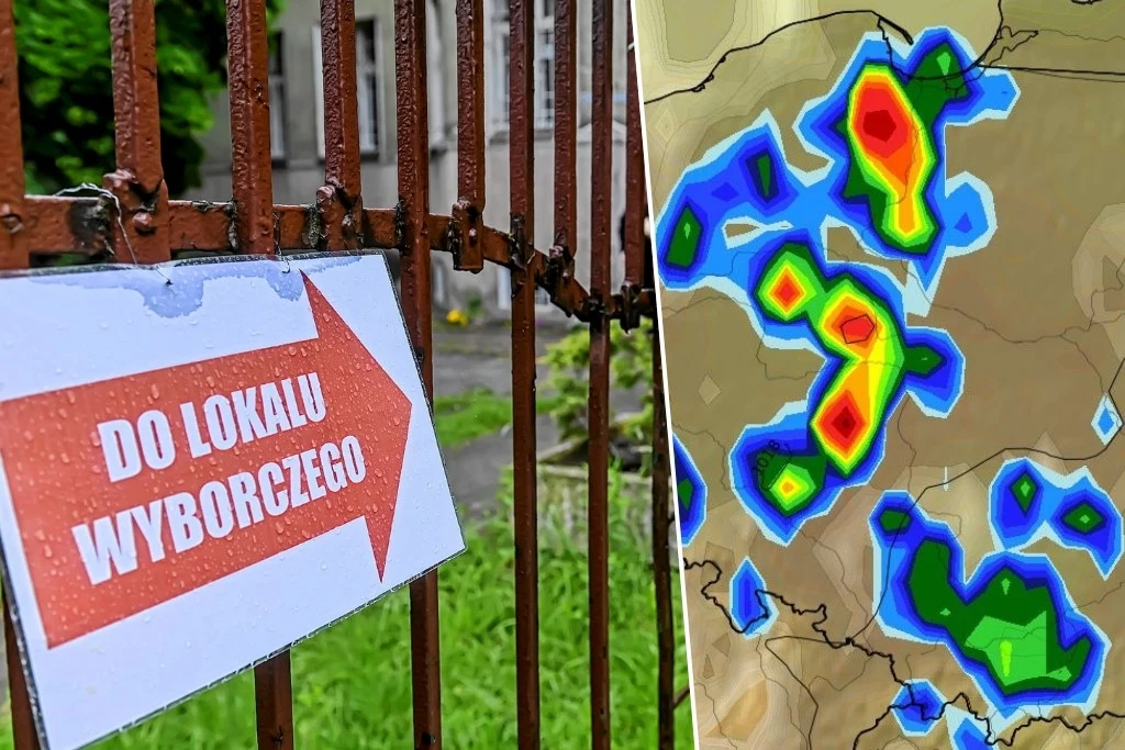Prognoza pogody na 1 czerwca jest niejednoznaczna. Będzie bardzo ciepło, jednak nie zabraknie deszczu i burz Strzałka z napisem do lokalu wyborczego umieszczona na metalowym ogrodzeniu, obok fragment mapy pogodowej z kolorowymi oznaczeniami intensywnych opadów.