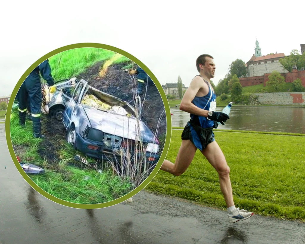 Piotr Gładki w czasie zwycięskiego maratonu w Krakowie. W ramce spalony wrak samochodu, którym jechał w 2005 roku Piotr Gładki w czasie zwycięskiego maratonu w Krakowie. W ramce spalony wrak samochodu, którym jechał w 2005 roku