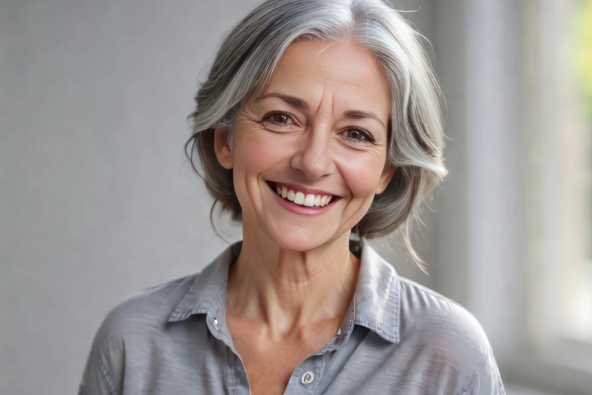 Starsza kobieta z siwymi włosami, uśmiechnięta, ubrana w jasną koszulę, stoi na tle rozmytego, jasnego wnętrza.