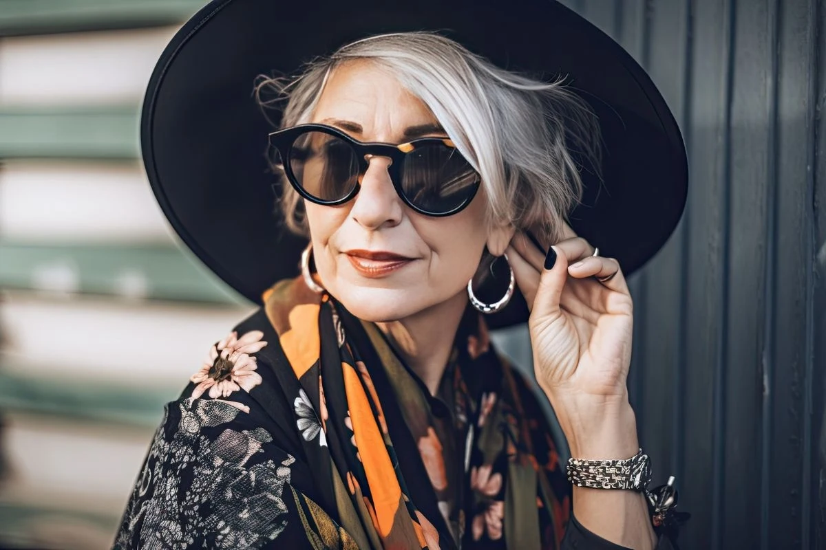 Starsza kobieta z siwymi włosami, ubrana w kapelusz i duże okulary przeciwsłoneczne, w kolorowej apaszce, z uśmiechem poprawia kolczyk.