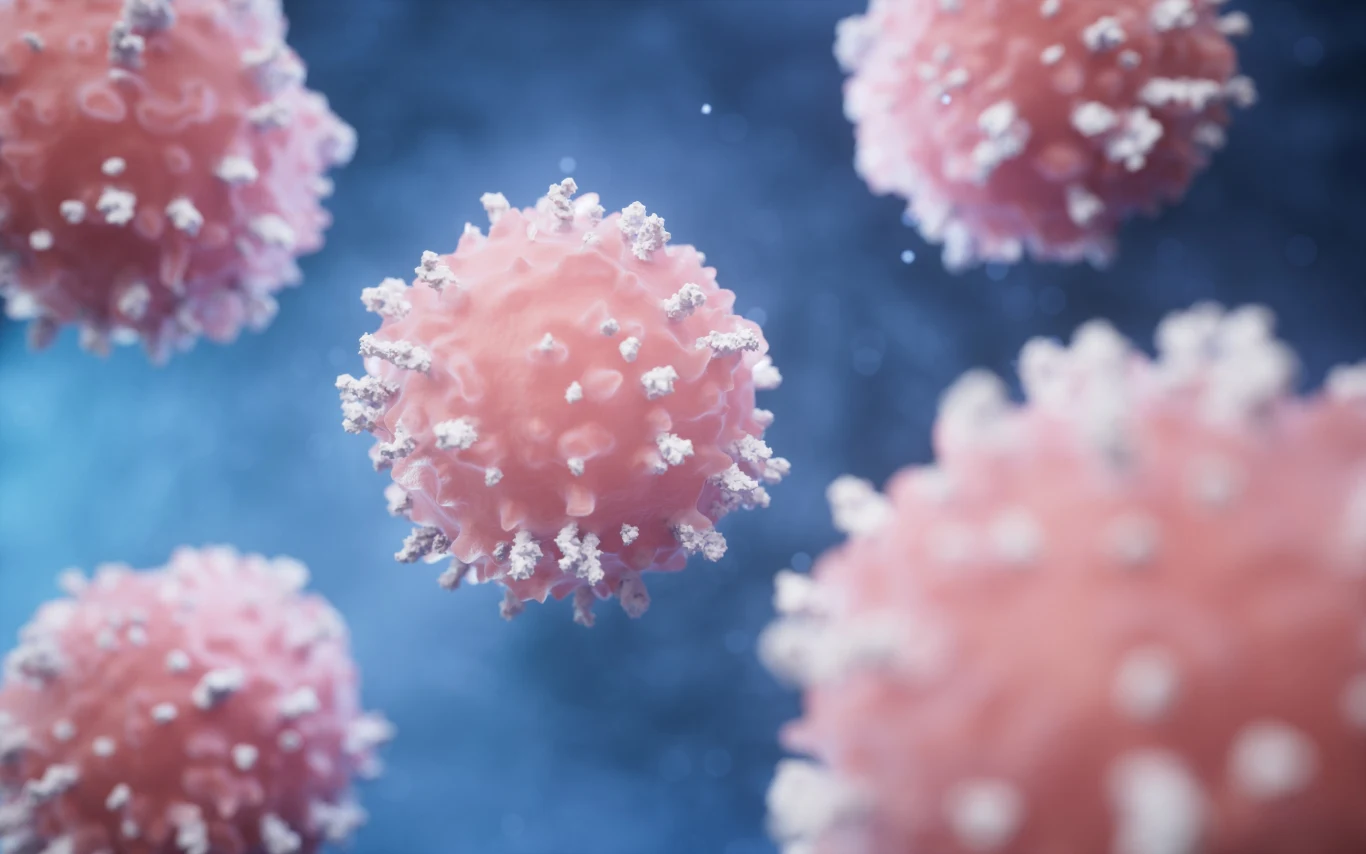 Nowe badania zdradziły tajemnice kluczowego układu w naszym organizmie. Niszczy choroby Różowe, kuliste cząsteczki wirusa z kolczastymi wypustkami unoszą się w niebieskim, rozmytym tle, tworząc wrażenie mikroświata widzianego w powiększeniu.