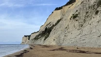Wysokie, jasne klify ciągnące się wzdłuż piaszczystej plaży, delikatnie opadającej do spokojnego morza; na plaży widoczne ciemniejsze pasy roślinności morskiej, a na szczytach klifów roślinność oraz nieliczne drzewa.