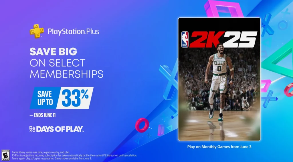 Promocja PlayStation Plus wraz z grafiką gry NBA 2K25, logo PlayStation Plus, oferta oszczędnościowa na subskrypcje oraz wyraźnie widoczny koszykarz na okładce gry.