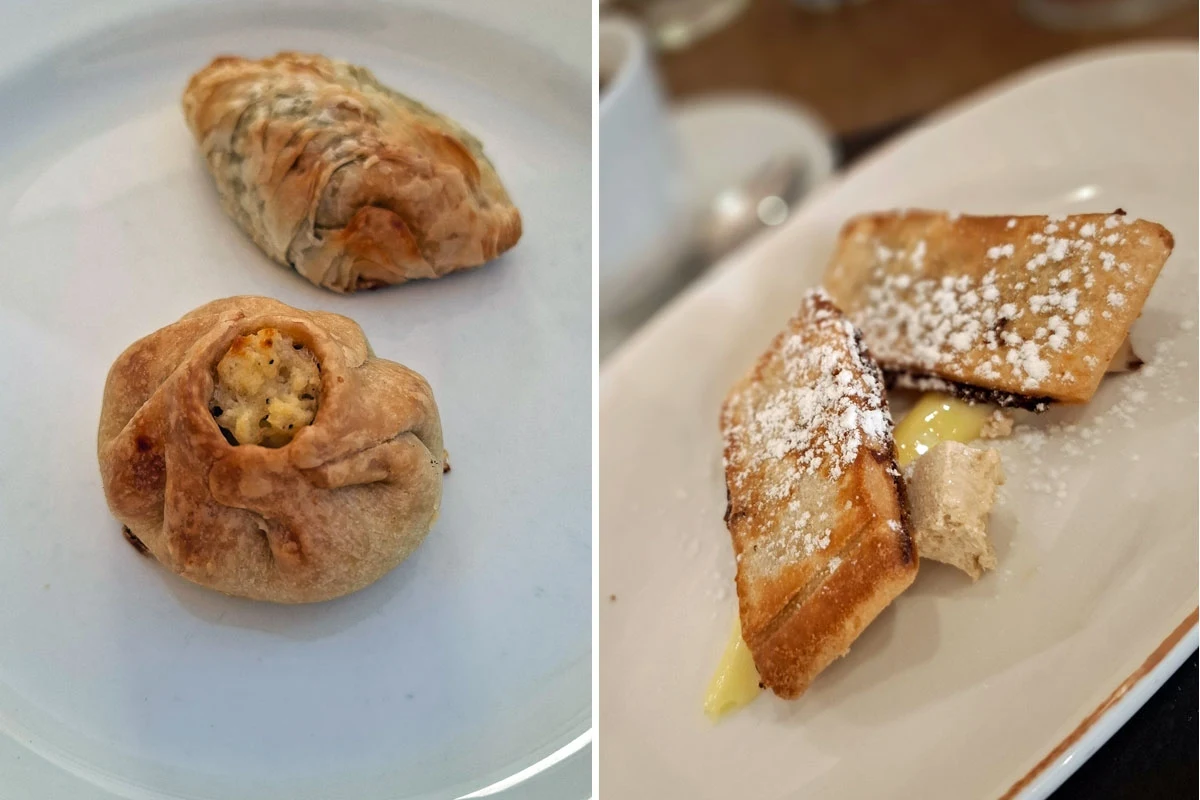 Pastizzi z riccottą i groszkiem (z lewej), Imqaret podawany z kawałkiem maltańskiej hałwy i sosem waniliowym w Il Pirata, Mellieha Bay Dwa oddzielne talerze z wypiekami, z lewej pieróg w kształcie półksiężyca i okrągły wypiek z nadzieniem twarogowym, z prawej dwa trójkątne naleśniki z kremowym farszem posypane cukrem pudrem.