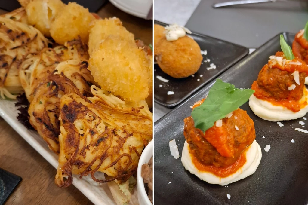 Froga Tat-Tarja w restauracji Tas Soli. Arancini i pulpety neapolitańskie w Il Pirata Różnorodne przystawki na dwóch talerzach, po lewej smażone placki ziemniaczane oraz panierowane przekąski, po prawej dania z sosami, świeżymi ziołami i startym serem.