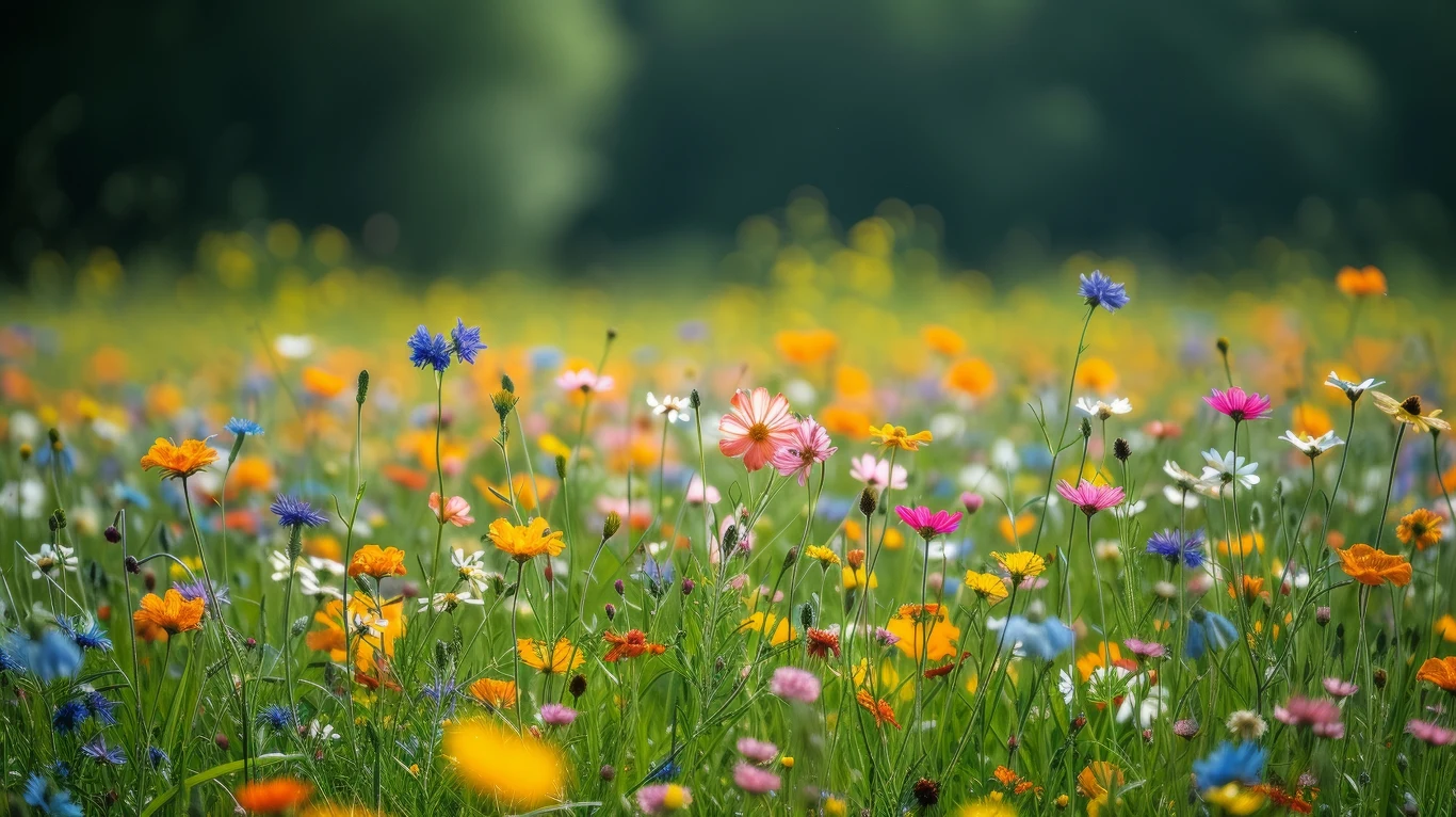 Kolorowa łąka pełna rozkwitających polnych kwiatów różnych gatunków, dominują odcienie żółci, różu, fioletu i niebieskiego, w tle rozmyte zielone drzewa oraz miękkie światło słoneczne.