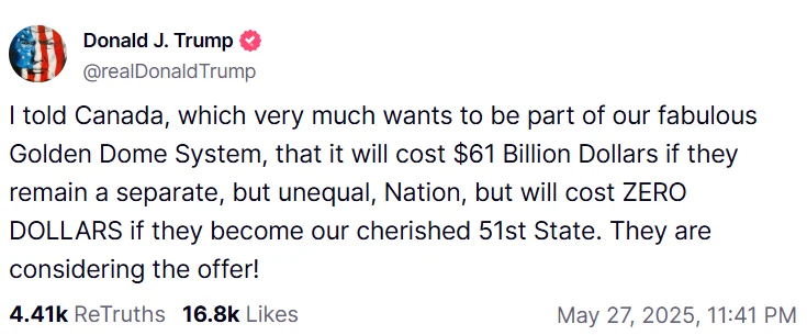 Donald Trump próbował namówić Kanadę, żeby stała się 51. stanem USA w zamian za ochronę w systemie "Złotej Kopuły" Donald Trump próbował namówić Kanadę, żeby stała się 51. stanem USA w zamian za ochronę w systemie "Złotej Kopuły"