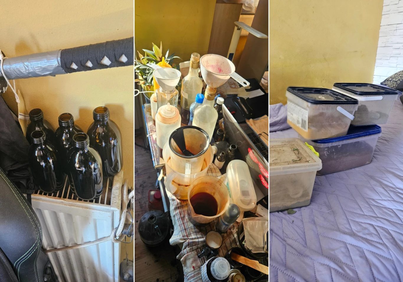 Kilka butelek z ciemnego szkła stojących obok kaloryfera, stół wypełniony akcesoriami laboratoryjnymi, lejkami, pojemnikami, rozlanymi substancjami oraz plastikowe pojemniki z przykrywkami umieszczone na łóżku, całość sprawia wrażenie prowizorycznego l...