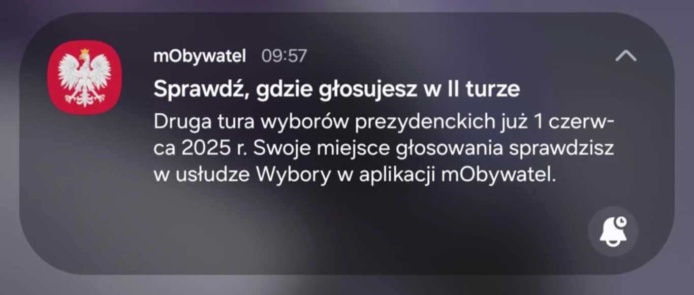 Powiadomienie z aplikacji mObywatel informujące o terminie drugiej tury wyborów prezydenckich przypadającej na 1 czerwca 2025 roku oraz umożliwiające sprawdzenie miejsca głosowania w usłudze Wybory.