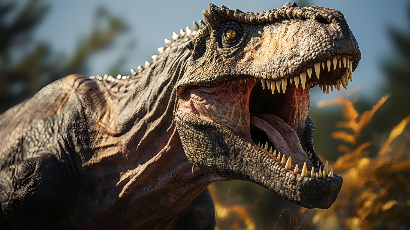 Tyranozaur ryczał? Nc bardziej mylnego Duży drapieżny dinozaur z otwartą paszczą i widocznymi ostrymi zębami, realistycznie odwzorowana skóra oraz szczegółowa tekstura, dinozaur otoczony roślinnością z epoki prehistorycznej, w tle rozmyte drzewa.