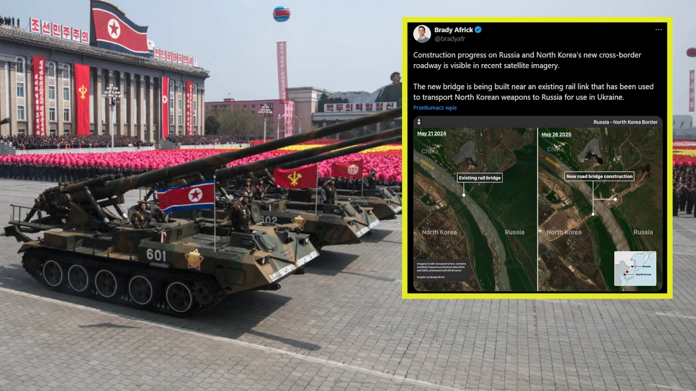 Korea Północna buduje z Rosją nowy most, który posłuży do transportu broni do Ukrainy Ciężkie pojazdy wojskowe z długimi lufami artyleryjskimi stoją na placu przed budynkiem ozdobionym flagą Korei Północnej oraz tłumem ludzi ustawionych w równych rzędach, w prawym rogu widoczne jest wstawione okno z mediami społecznościowymi prezentując...