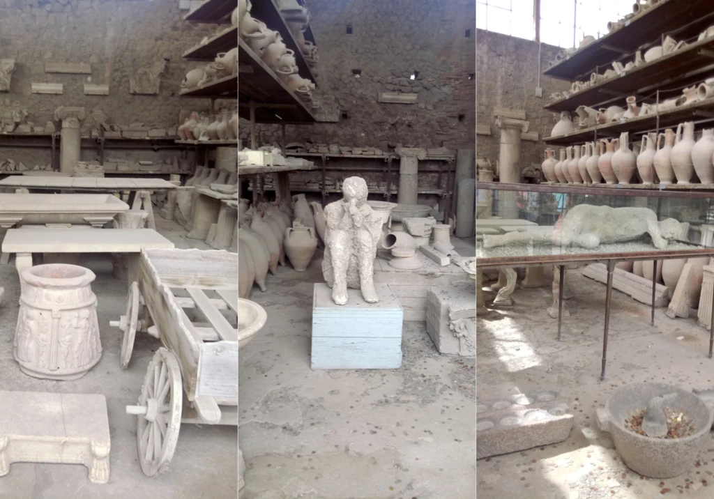 Dramatyczne wydarzenia odcisnęły na Pompejach wielki ślad, o czym świadczą m.in. gipsowe odlewy ciał ofiar zagłady oraz ślady świadczące o próbach ucieczki. Kamienne półki pełne starożytnych amfor i naczyń, odlew ludzkiej sylwetki z popiołu w centrum, szklana gablota z odlewem leżącego człowieka, elementy dawnego wyposażenia, w tym wózek i naczynia, wszystko pokryte pyłem.