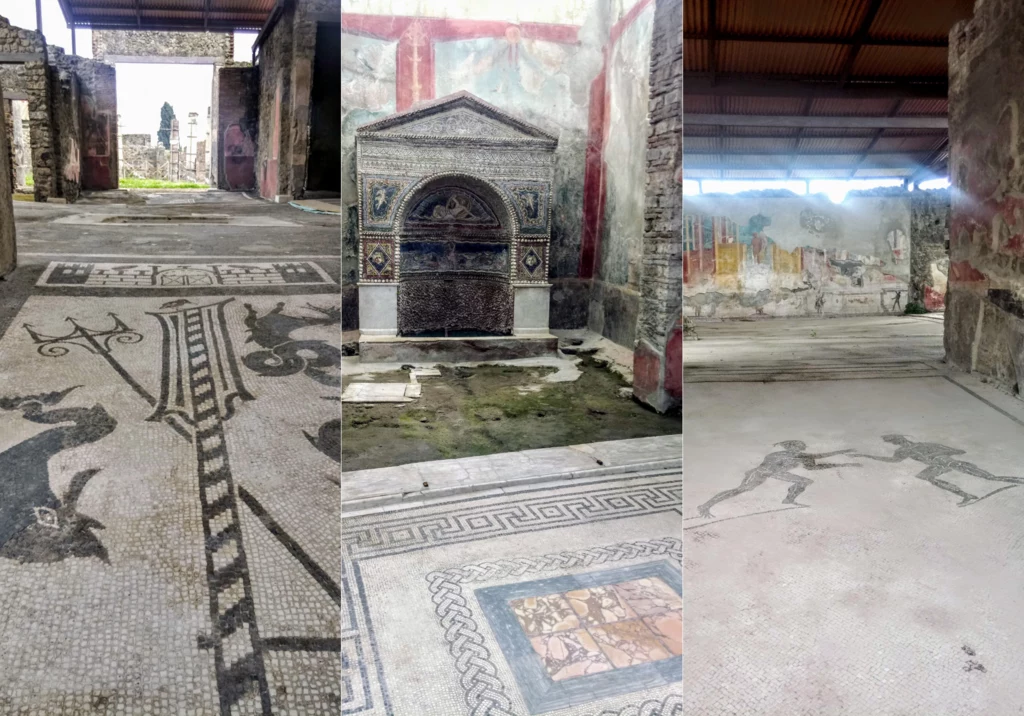 W domach Pompejańczyków odkryto freski, mozaiki, baseny, fontanny oraz wiele innych udogodnień i zdobień. Kamienne podłogi ozdobione mozaikami z motywami mitologicznymi oraz ściana pokryta freskami i malowidłami w starożytnym pomieszczeniu, na środkowym panelu widoczna dekoracyjna nisza.