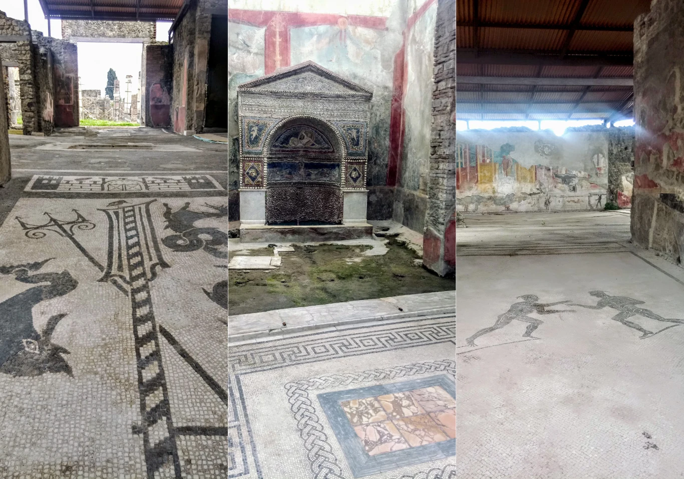 Kamienne podłogi ozdobione mozaikami z motywami mitologicznymi oraz ściana pokryta freskami i malowidłami w starożytnym pomieszczeniu, na środkowym panelu widoczna dekoracyjna nisza.