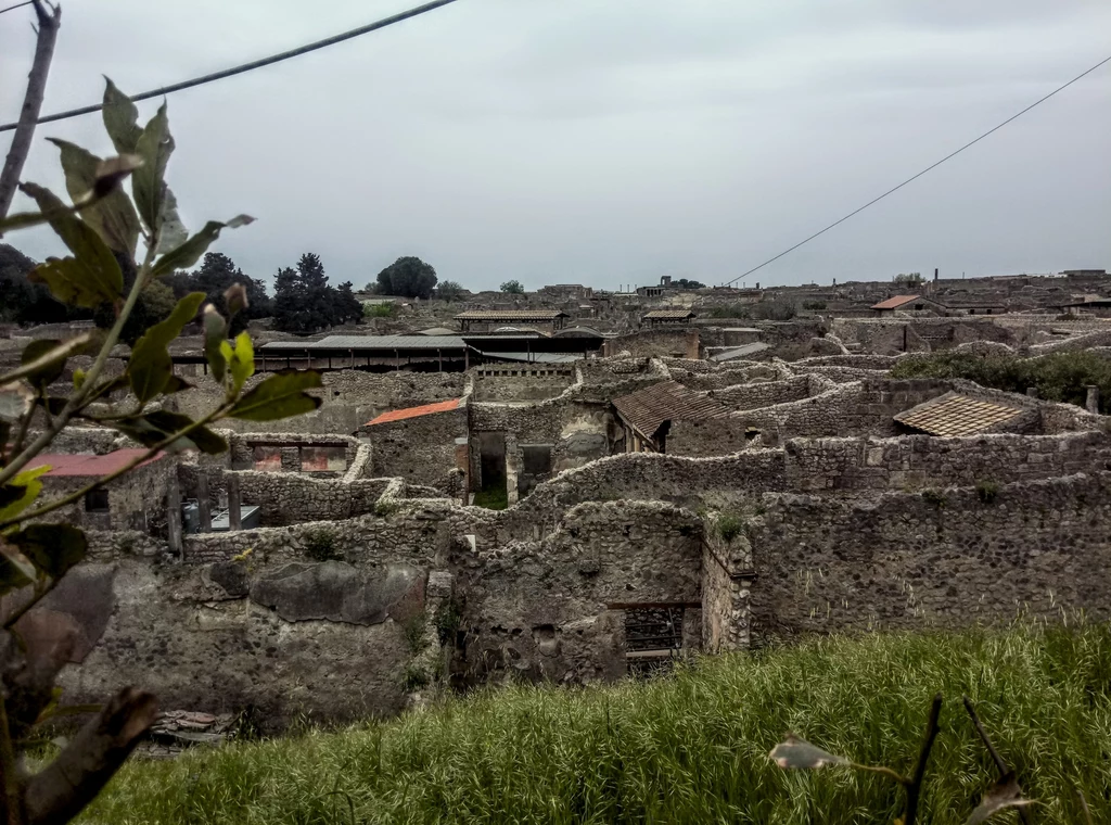 Park Archeologiczny Pompeje można zwiedzać po opłaceniu biletu, rezerwacja online to koszt od ok. 12 do nawet ponad 100 zł. Kamienne ruiny starożytnych budowli rozciągające się na dużym terenie, widoczne w tle niskie dachy oraz otaczająca zielona roślinność pod pochmurnym niebem.