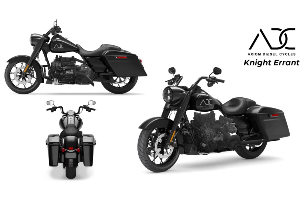 Model Knight wygląda znajomo? Można doszukać się wielu podobieństwo do motocykli marki Harley-Davidson lub Indian. Czarny motocykl turystyczny o masywnej sylwetce, prezentowany w trzech perspektywach, z wyraźnie widocznym logo producenta Axiom Diesel Cycles oraz charakterystycznym silnikiem Diesla.