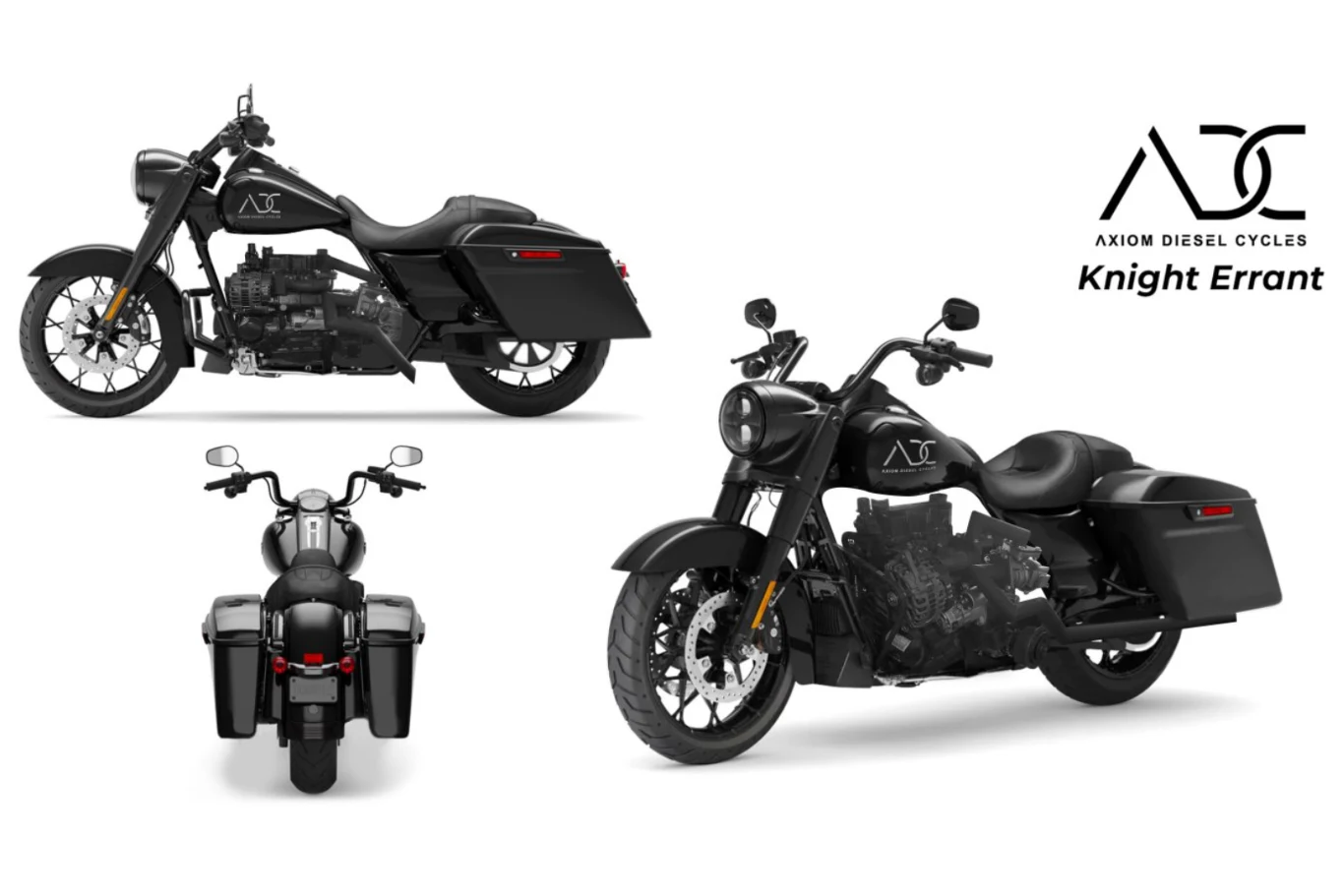 Model Knight wygląda znajomo? Można doszukać się wielu podobieństwo do motocykli marki Harley-Davidson lub Indian. Czarny motocykl turystyczny o masywnej sylwetce, prezentowany w trzech perspektywach, z wyraźnie widocznym logo producenta Axiom Diesel Cycles oraz charakterystycznym silnikiem Diesla.