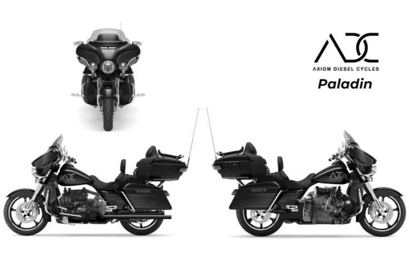 Paladin to prawdziwy krążownik szos. Duża przednia owiewka i komplet trzech kufrów podkreślają jego turystyczne zapędy. Motocykl turystyczny marki Axiom Diesel Cycles przedstawiony z przodu oraz w dwóch ujęciach bocznych, charakterystyczny masywny korpus, schowki oraz obszerna kanapa, logo oraz nazwa modelu Paladin w rogu kompozycji.