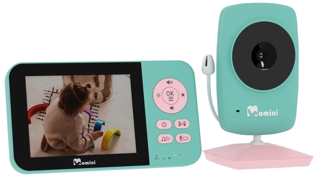 Niania elektroniczna MOMINI Blissview Monitor elektroniczny z kamerą w kolorze miętowym i różowym obok wyświetlacza, na którym widoczne jest dziecko siedzące na macie do zabawy z kolorowymi zabawkami.