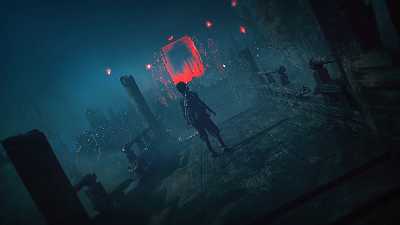 Assassin's Creed Shadows X Dead by Daylight Postać stojąca samotnie na starym, zniszczonym moście w otoczeniu mgły, naprzeciwko świecącego na czerwono, tajemniczego portalu unoszącego się nad ziemią, przy surrealistycznym, mrocznym nastroju.