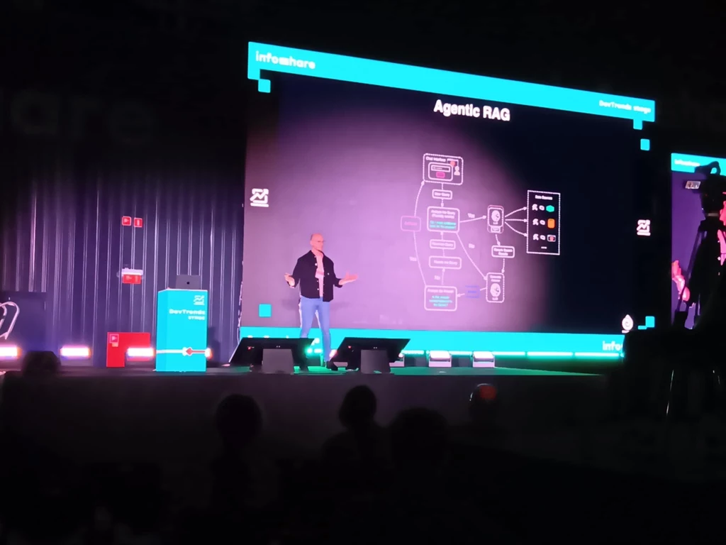 Aurimas Griciūna podczas prezentacji Mężczyzna prezentujący diagram na dużym ekranie podczas konferencji technologicznej, na scenie widoczne światła i elementy organizacyjne wydarzenia.