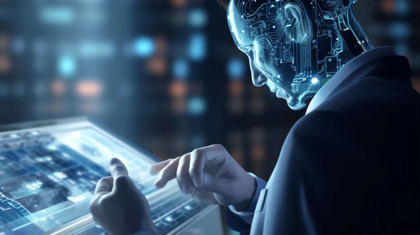 AI odbiera ludziom kompetencje. Ekspert ostrzega przed poważnym kryzysem Sztuczna inteligencja o humanoidalnym wyglądzie analizuje dane na przezroczystym ekranie dotykowym, otoczonym przez cyfrowe struktury i futurystyczne światła.