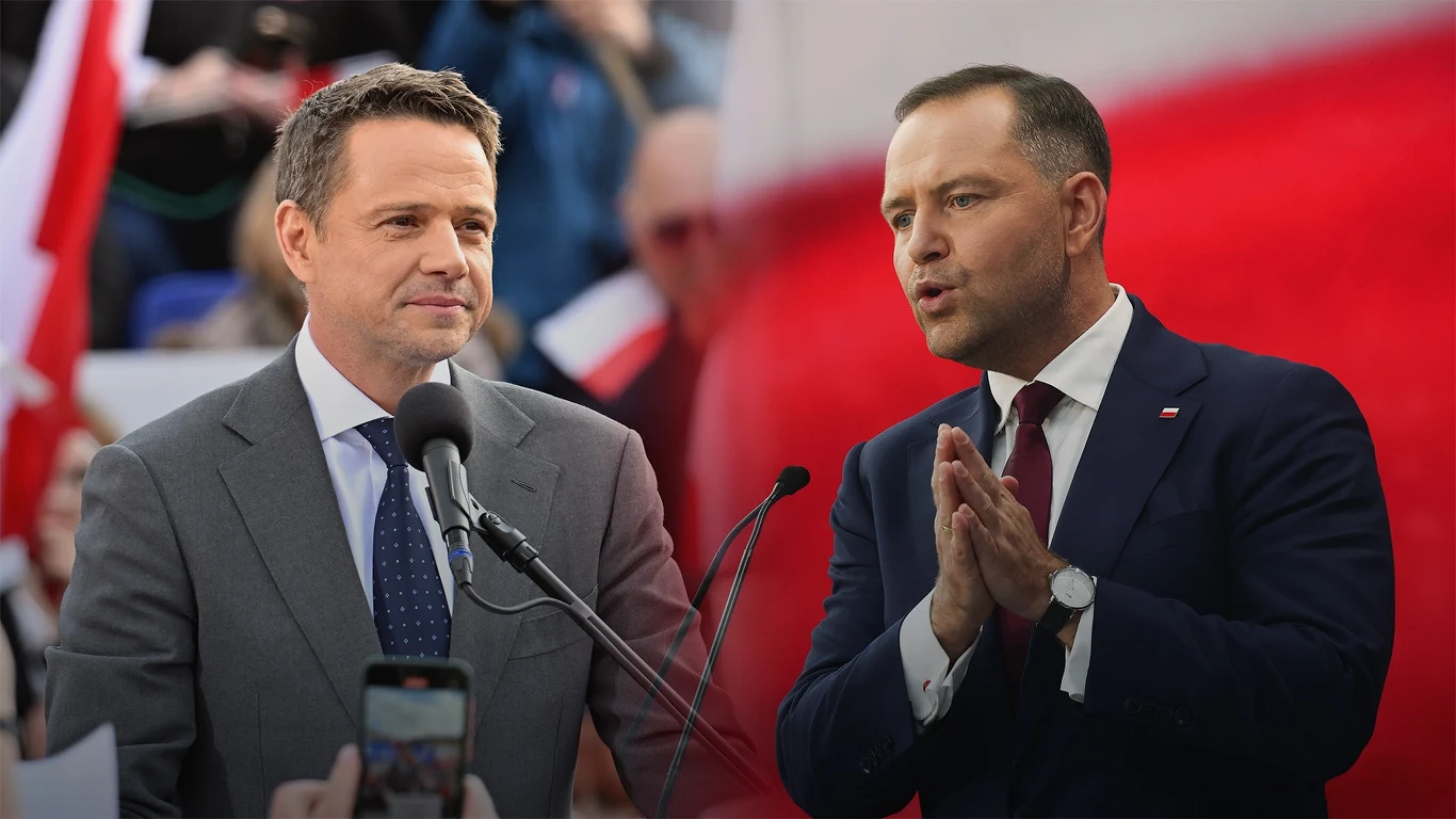 Rafał Trzaskowski i Karol Nawrocki Dwaj politycy podczas wystąpień publicznych, w tle widoczne polskie flagi i tłum ludzi. Jeden z mężczyzn mówi do mikrofonu, drugi gestykuluje dłońmi.