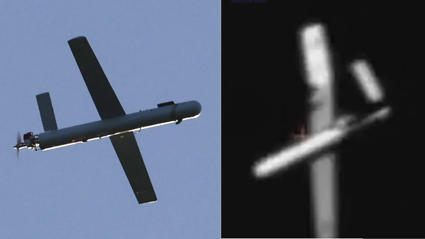 Dron w locie widoczny z dwóch perspektyw: po lewej stronie w kolorze, po prawej w czerni i bieli, ukazany na tle nieba.