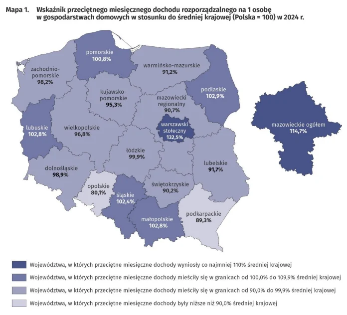 Wskaźnik przeciętnego miesięcznego dochodu rozporządzalnego na jedną osobę w gospodarstwach domowych w stosunku do średniej krajowej