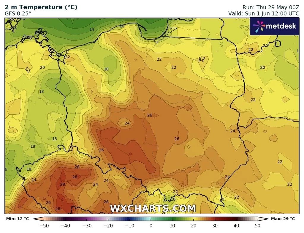 W weekend będzie bardzo ciepło, szczególnie na południowym zachodzie, jednak nie będzie jeszcze upalnie Mapa synoptyczna przedstawiająca prognozowane temperatury powietrza na powierzchni w Polsce w dniu 1 czerwca o godzinie 12:00 UTC, z wyraźnymi obszarami najcieplejszymi na południowym zachodzie kraju, gdzie temperatury sięgają 28°C, oraz chłodniejszymi...