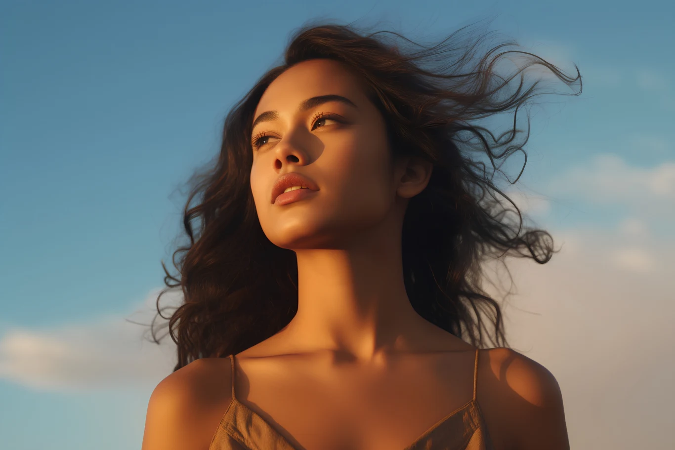 Młoda kobieta z długimi, ciemnymi włosami patrząca w dal, oświetlona ciepłym światłem słońca, błękitne niebo i lekkie chmury w tle.