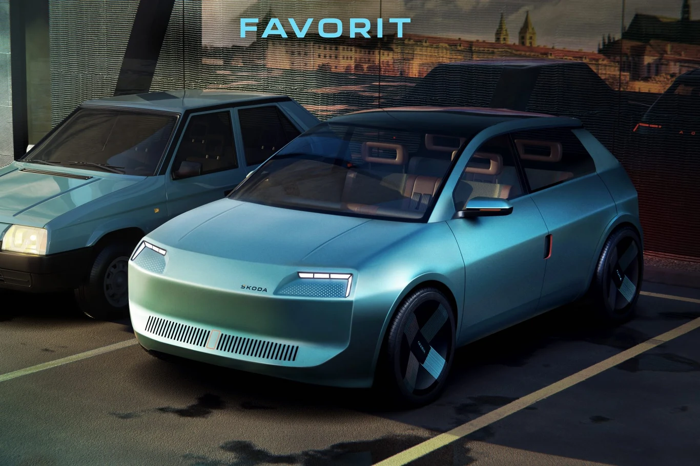 Skoda Favorit w wersji elektrycznej? To tylko wirtualne dzieło designera Nowoczesny, niebieski samochód marki Škoda zaparkowany obok starszego modelu tej samej marki na tle futurystycznej architektury miasta. Wnętrze pojazdu widoczne przez duże szyby podkreśla minimalistyczny design.