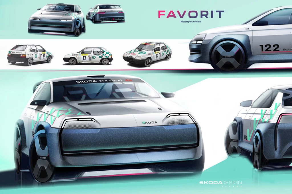Projektant pokazał też jak mogłaby wyglądać nowa wersja Skody Favorit przygotowana do udziału w sportach motorowych Nowoczesna wizualizacja samochodu rajdowego Škoda Favorit, w kilku różnych ujęciach. Na pierwszym planie dominujący przód auta z wyrazistymi światłami oraz logotypem Škoda, obok fragmenty boczne pojazdu z numerami startowymi i detalami sportowymi. W tl...