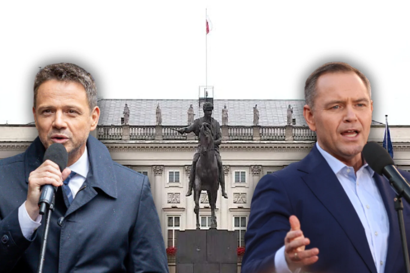 Minimalna różnica w najnowszym sondażu Dwóch mężczyzn przemawiających do mikrofonów na tle pomnika jeźdźca i budynku z flagą Polski na maszcie, sugerującego miejsce publiczne lub rządowe.