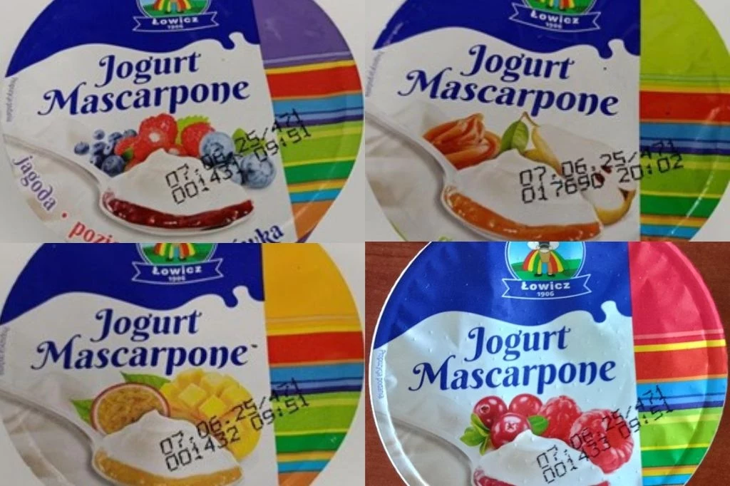 W jednej z partii jogurtów znaleziono fragmenty szkła - ostrzega GIS Cztery różne wieczka jogurtów mascarpone Łowicz widoczne na kolorowym tle, każde z innym smakiem: owoce leśne, brzoskwinia, marakuja oraz truskawka, z nazwą produktu i datą ważności nadrukowaną na opakowaniu.